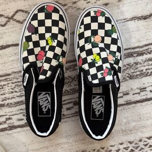 Vans Black and White Checkered Slip-Ons with Fruit Design